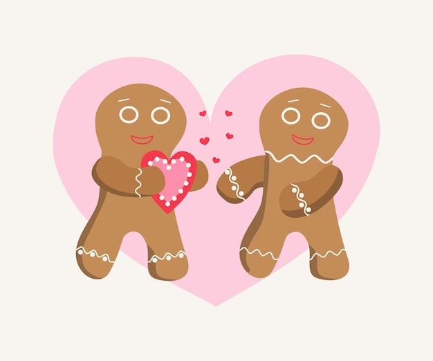 Vector gingerbread mannen met hart koppel van geliefden een postkaart felicitatie hart vorm liefde