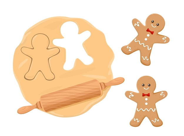 Gingerbread men cookies, raw dough and rolling pin