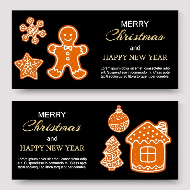 Gingerbread merry christmas banners and card design template.