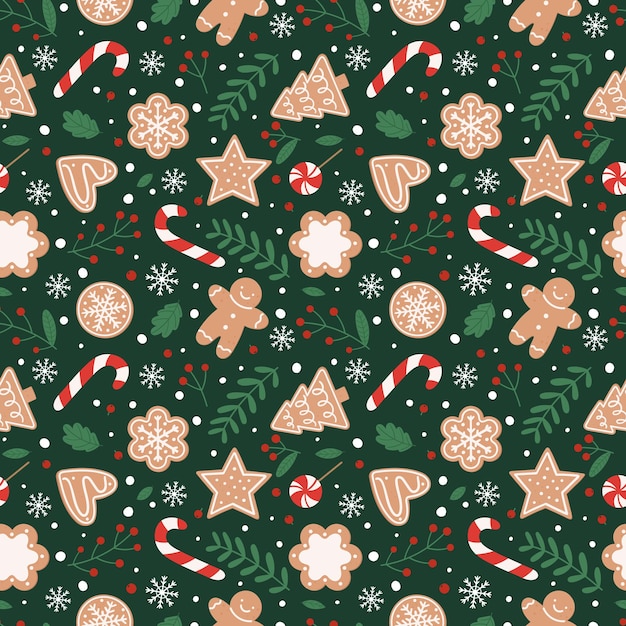 Gingerbread seamless pattern. Festive background with cookies, candies, leaves and berries. Vector illustration in flat cartoon style on green background