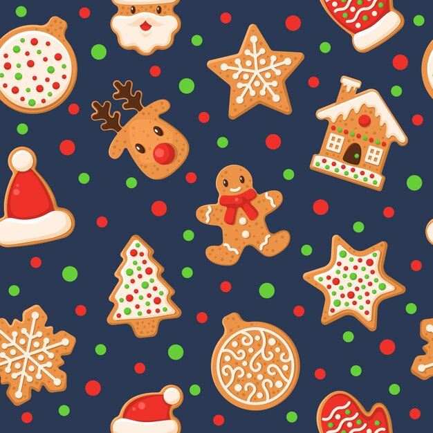 Gingerbread seamless pattern. holiday gingerbreads sugar glazed winter sweet sugar glaze food, cookie man and deer, star and home holidays decor textile, fabric wrapping paper wallpaper vector texture