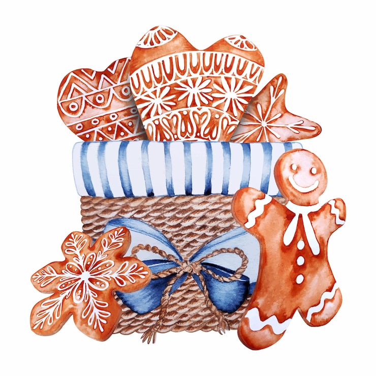 Vector gingerbread in the wicker basket with fabric inside and blue bow watercolor hand drawn illustration