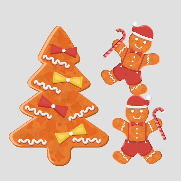 Gingerbreads mans met peperkoekboom, zoete koekjes. platte vectorillustratie.