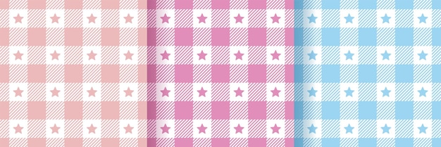 Gingham check seamless pattern Vichy retro prints Set of flannel backgrounds Blue pink plaid