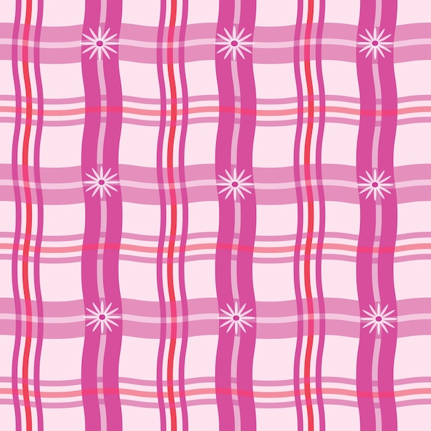 Gingham plaid checkered seamless pattern with wavy lines and\
daisy flowers in pink red and fuchsia