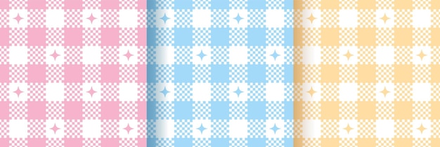 Vector gingham seamless patterns. check vichy prints with stars. set of pastel tablecloth backgrounds. retro wallpapers. tartan textile grid
