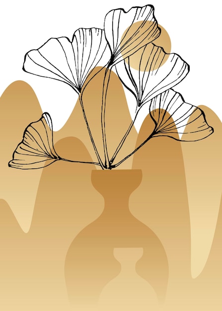 Vettore ginkgo illustrazioni dipinte a mano per la decorazione della parete fiore minimalista in stile schizzo