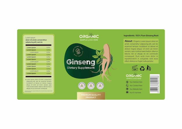 Vettore ginseng integratore in polvere capsule label design green design