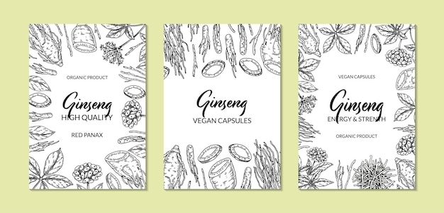 Ginseng verticaal ontwerp Handgetekende botanische vectorillustratie in schetsstijl