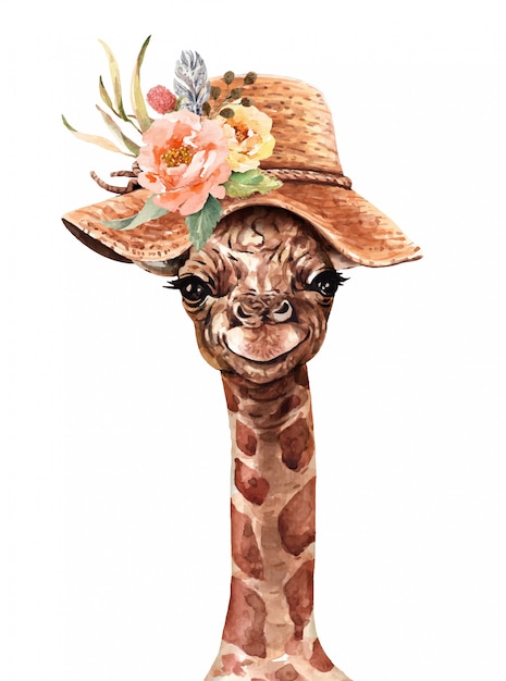 Vector giraf die een waterverf van de bloemhoed draagt. giraffe verf.