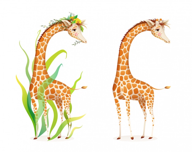 Giraf in de natuur realistische 3d cartoon illustratie voor dierentuin, safari of prentenboek voor kinderen. Leuke sierlijke giraf met bladeren en bloemen, mooie realistische Afrikaanse dierenillustratie.