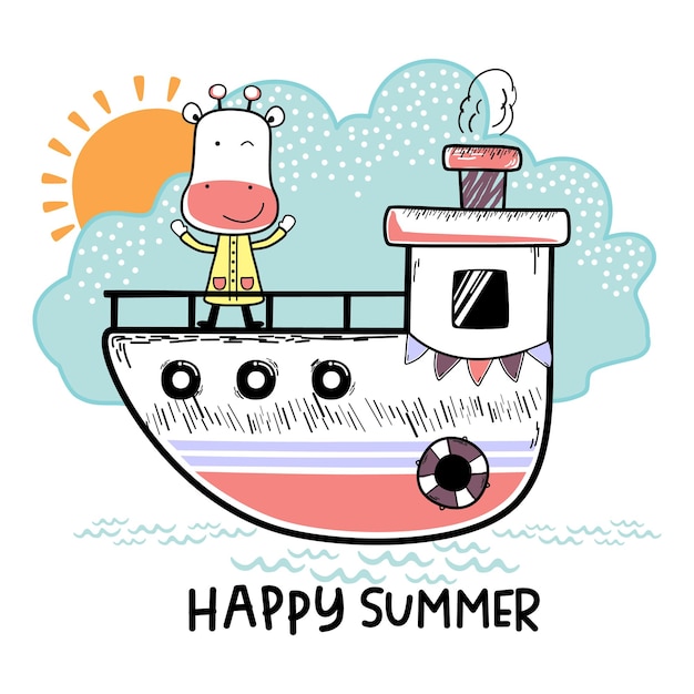 giraf op het schip grappige dierencartoon