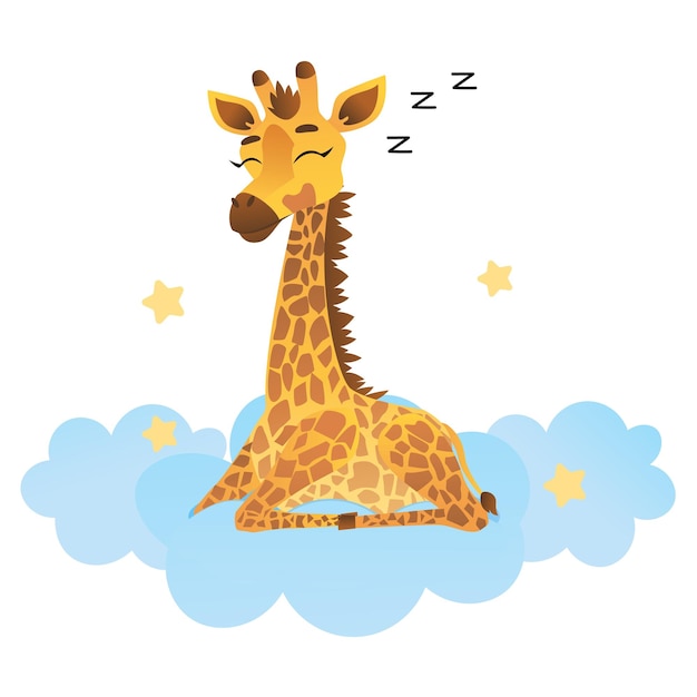 Vector giraf slaapt zittend in de wolken en sterren vectorillustratie voor ontwerpen, prints en patronen cartoon