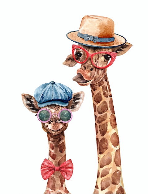 Giraffe and baby wearing a hat and glasses watercolor. Giraffe paint.