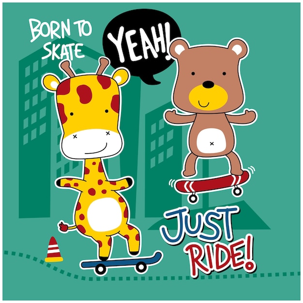 giraffe and bear playing skateboard funny animal cartoon