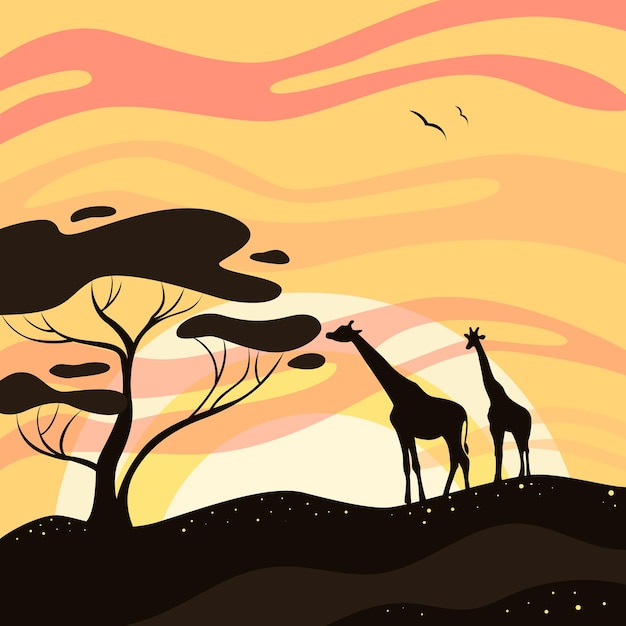 Vector giraffe bij zonsondergang silhouet van een giraffe op de achtergrond van zonsondergang in de savanne van afrika