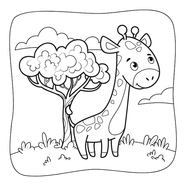 Giraffe black and white coloring book or coloring page for kids nature background