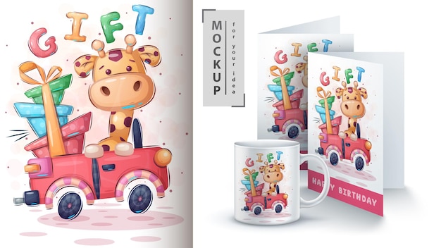 Vector giraffe car  poster and merchandising