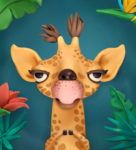 Giraffe, cartoon character, cute animals, vector illustration for greeting card