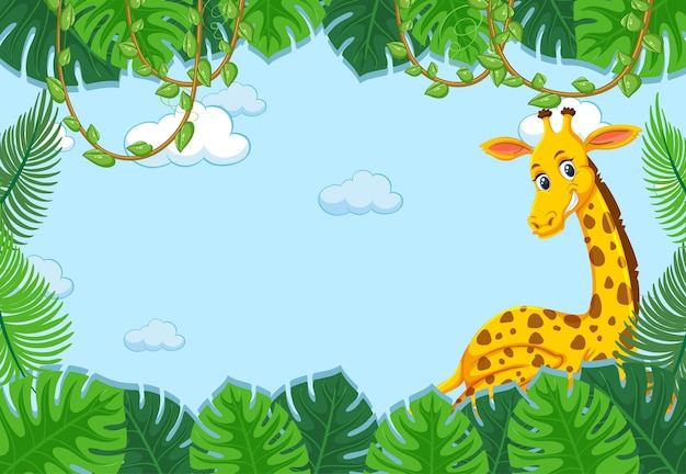 Vettore personaggio dei cartoni animati di giraffa con cornice di foglie tropicali