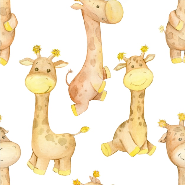 Vector giraffe in cartoon style watercolor seamless pattern on an isolated background