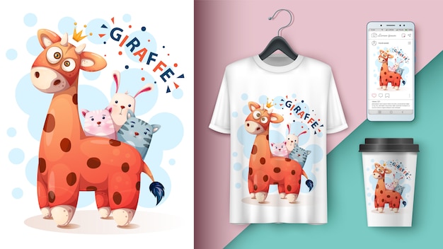 Giraffe, cat, kitty, rabbit t-shirt design