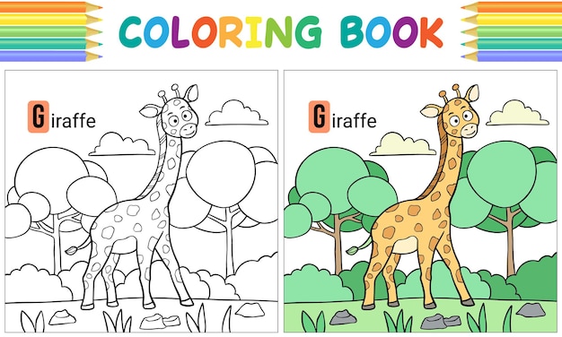 Vettore giraffa libro da colorare per bambini animale da disegno a mano