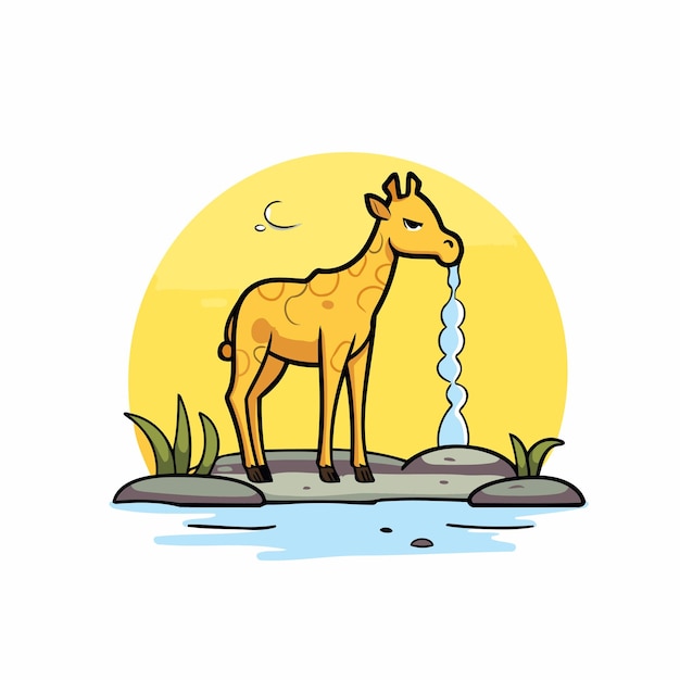 Жираф пьет воду из фонтана Векторная иллюстрация на белом фоне