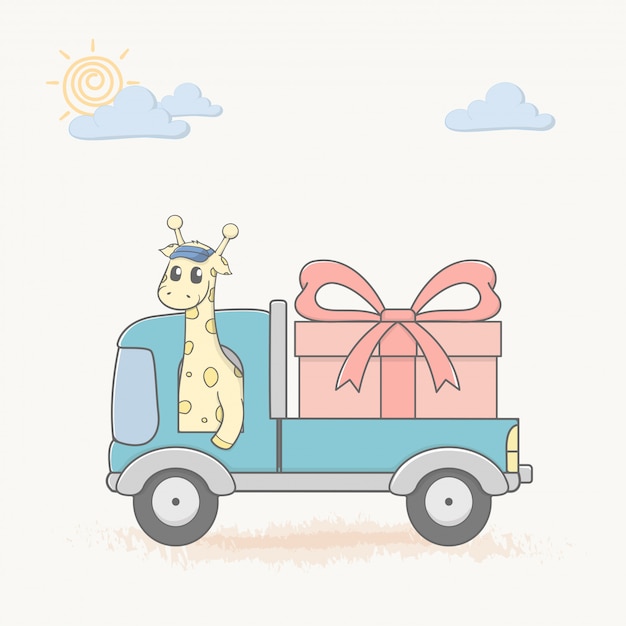 Vector giraffe drive a car with big gift box cartoon hand drawn