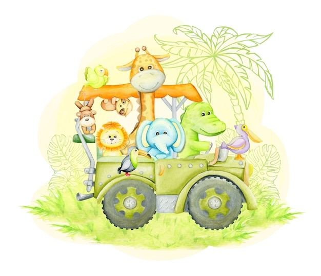 Giraffe, elephant, alligator, toucan, lion, monkey, sloth, traveling in a jeep. watercolor illustration