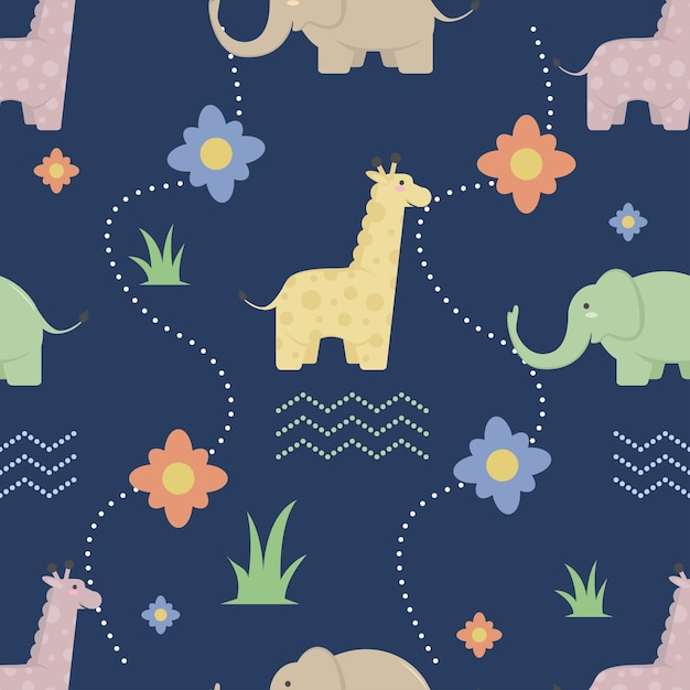 giraffe and elephant animal seamless pattern vector