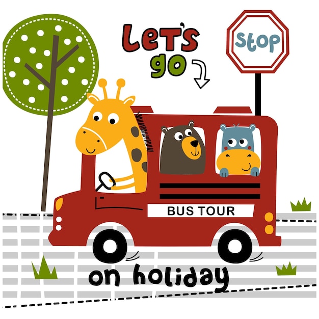 Giraffe and friends on the bus funny animal cartoon