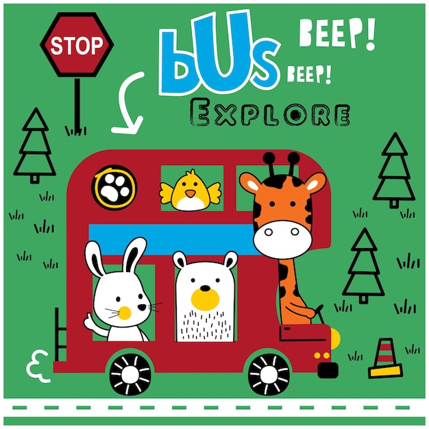 Giraffe and friends on the bus funny animal cartoon