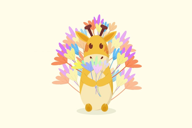 Vector giraffe holding flower and with background flower