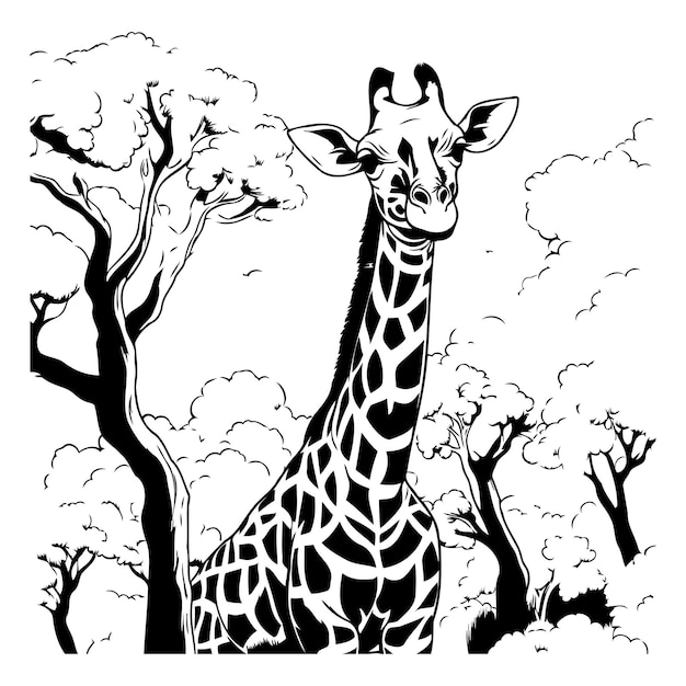 Giraffe in de savanne Zwart-wit vector illustratie