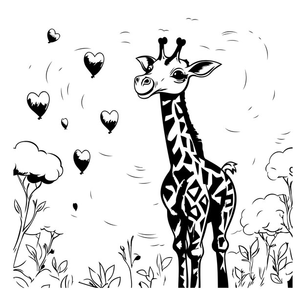 Giraffe in de weide met harten Vector illustratie