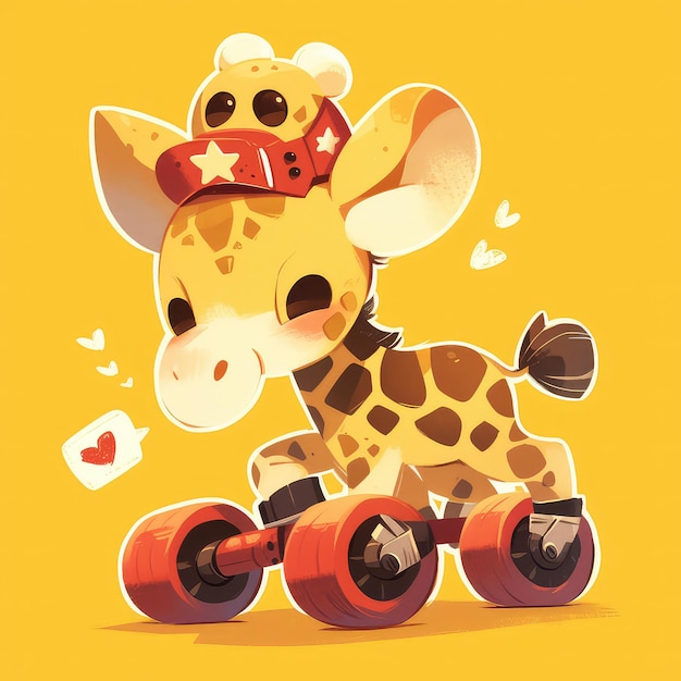 A giraffe is rollerblading cartoon style