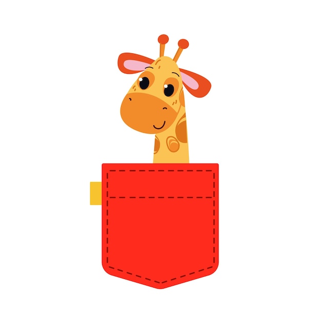 Vector a giraffe is sitting in a red pocket a cute gimraph peeks out of his pocket vector illustration