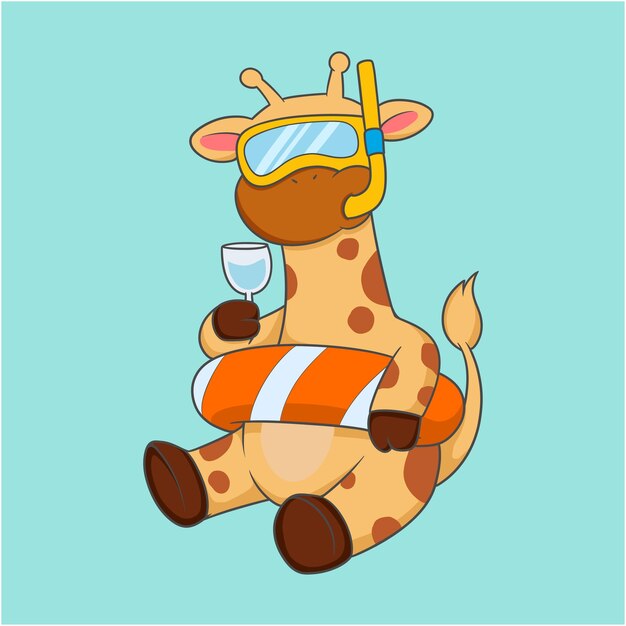 Vector giraffe is wearing a snorkel and holding a glass of water and a cup animal summer icon