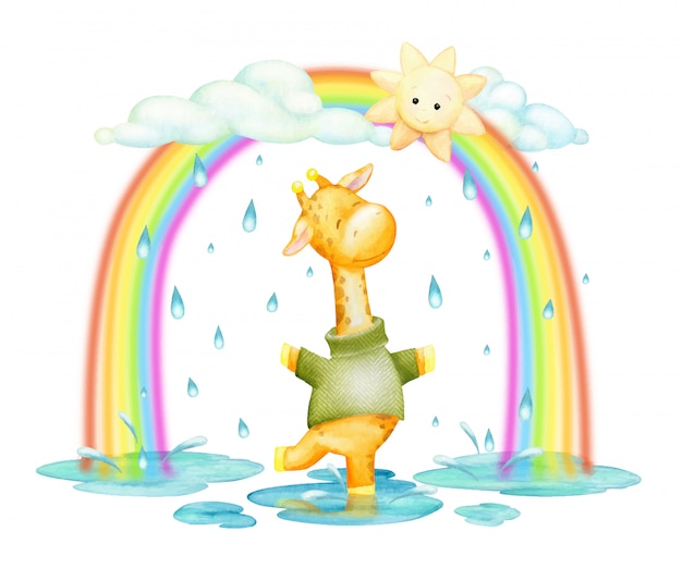 Vector giraffe, jumping, in the rain and rainbows, watercolor clip art, in cartoon style.