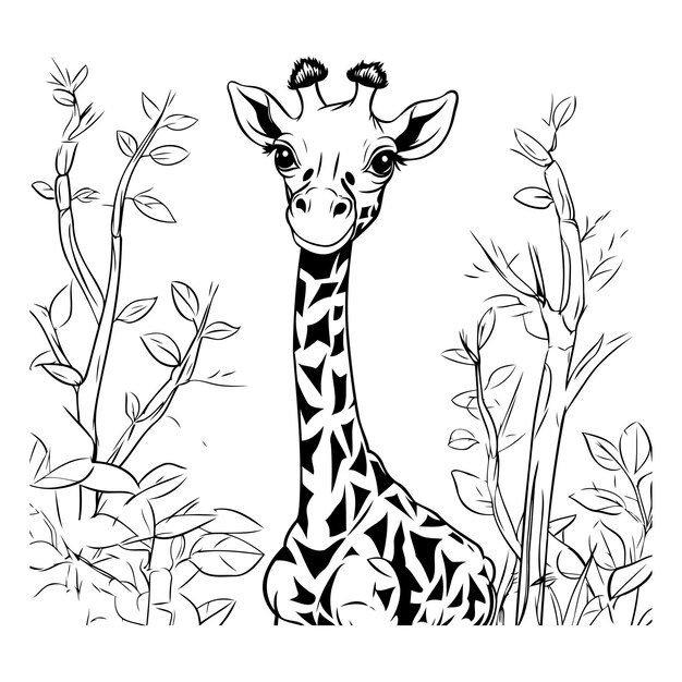 Жираф в джунглях Черно-белая векторная иллюстрация