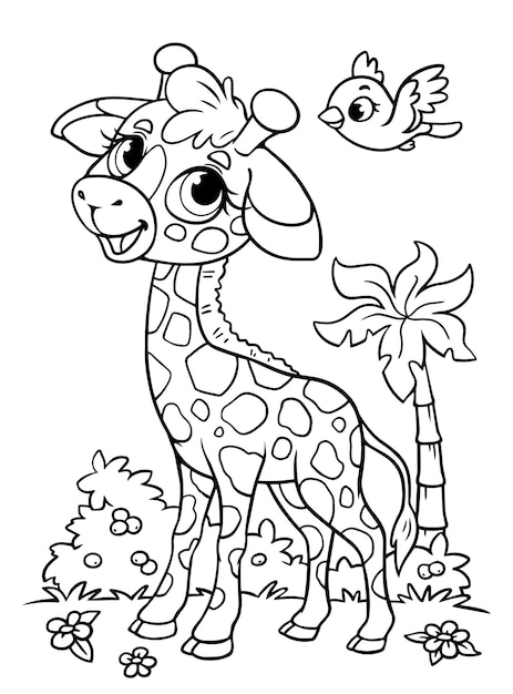 Giraffe little coloring book Black and white outline Zoo Animals Africa Illustration for children