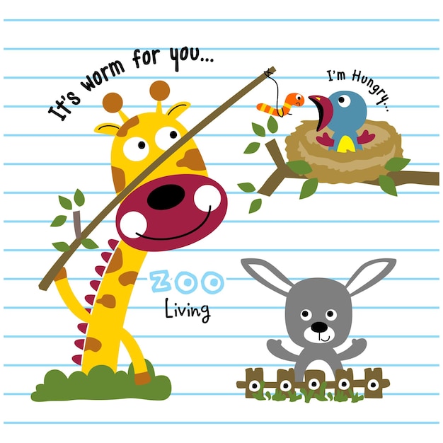 Giraffe and little friends funny animal cartoon