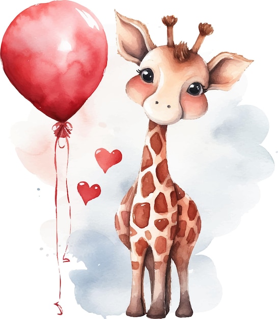 Vector giraffe met een hart ballon waterverf tekenen