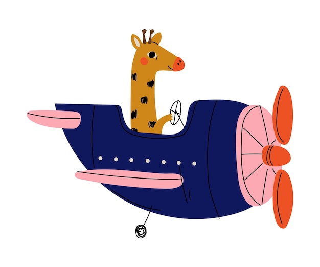 天空でレトロ飛行機を飛ぶジラフパイロット 可愛い動物キャラクター 飛行機を操縦するベクトルイラスト