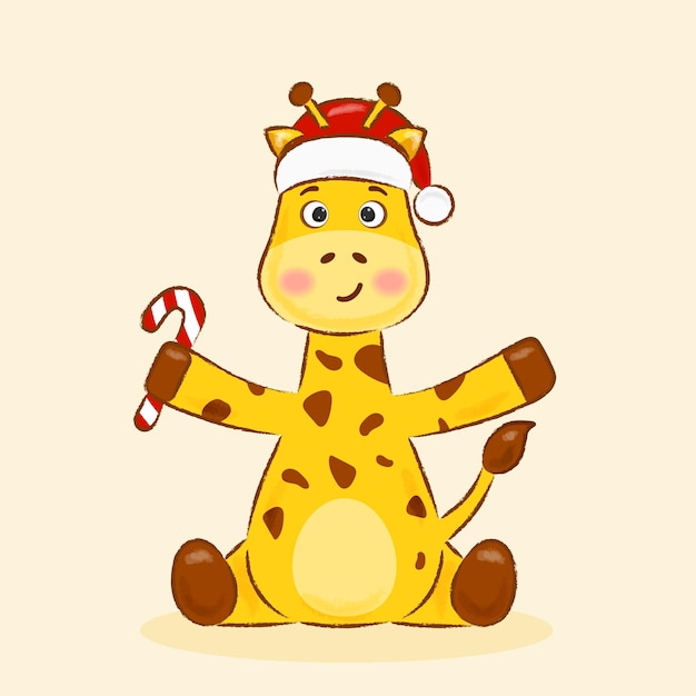 Vector giraffe in santa claus hat holding red candy in hand