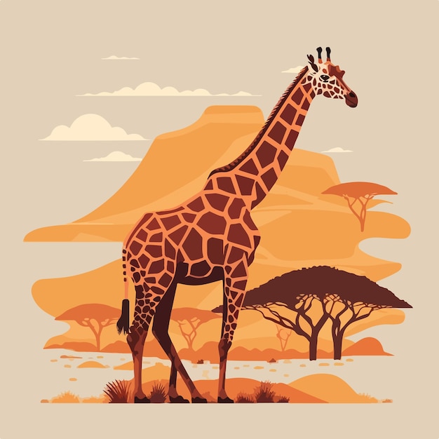 Vector giraffe in the savannah with trees in the background.