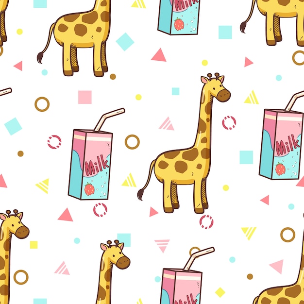 Giraffe and strawberry milk seamless pattern