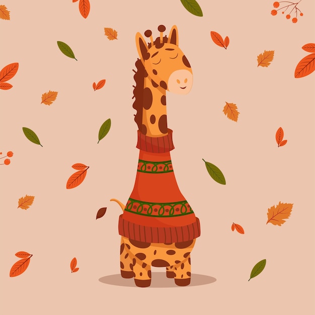 Giraffe in a sweater. Autumn leaves. cartoon character