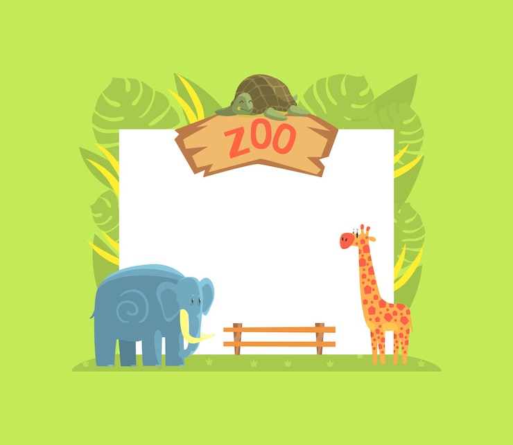 Vector giraffe turtle and elephant wild jungle animals with blank banner vector illustration